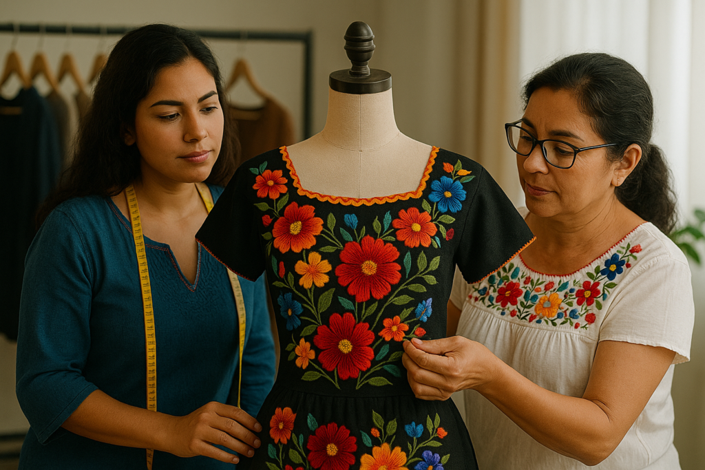 Dos estilistas colaboran en un taller textil realzando bordados en la moda mexicana.