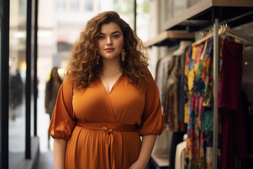 Plus size patterns: a plus-size model wearing an orange dress and looking at the camera.
