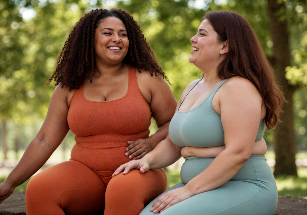 Plus size patterns: two women in workout clothes talking.