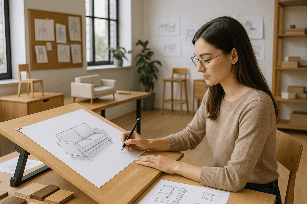 Tendencias en muebles: Diseñadora de muebles dibujando con lápiz un boceto de sofá curvo sobre una mesa de madera clara