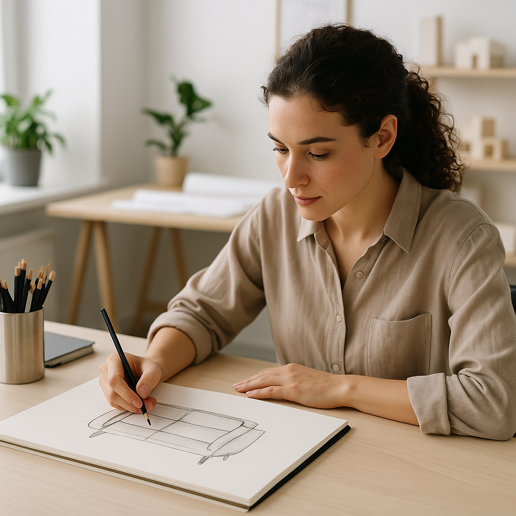 Tendencias en muebles: Diseñadora dibujando un sofá modular en un ambiente sereno y moderno.

