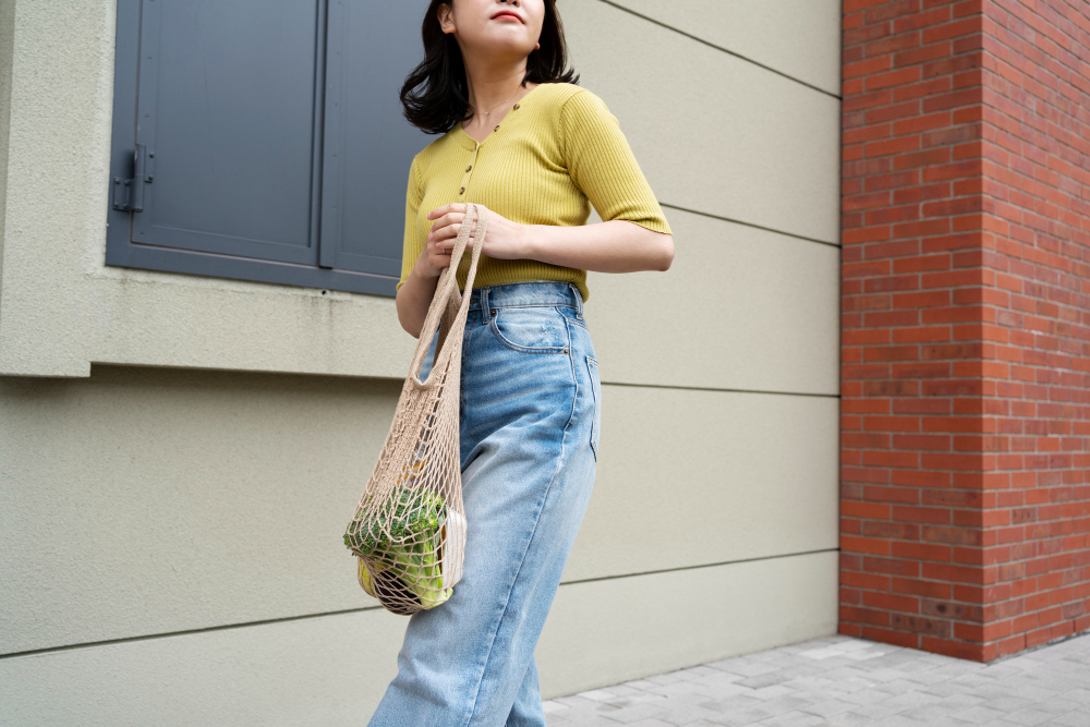 Versatile clothing: a woman in jeans and a yellow blouse walking on the street.