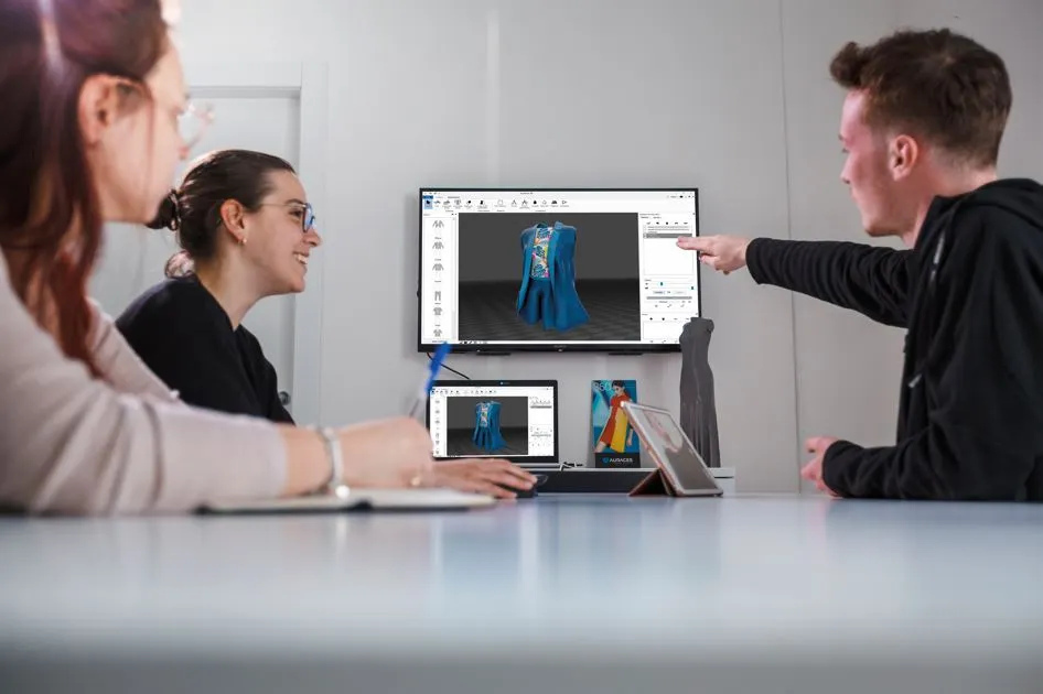 3D sketch: a fashion team working with 3D clothing simulations.