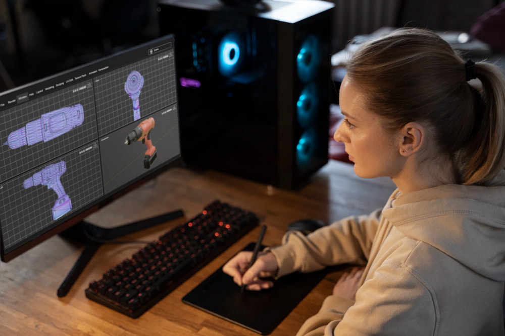 3D sketch: a product designer working on a computer.