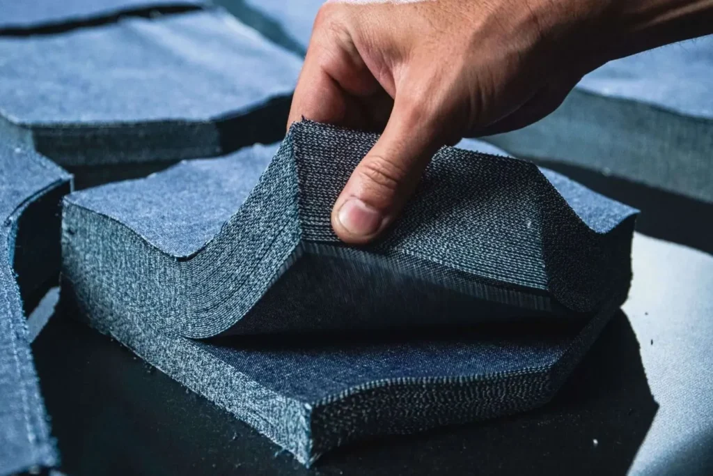 A stack of denim fabric after being cut in a cutting room.
