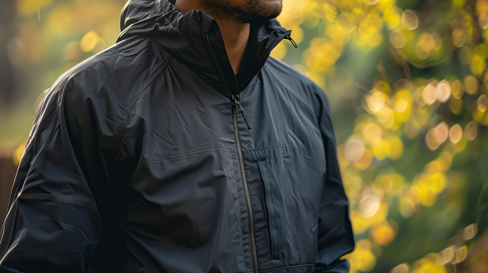 Fashion technology: a man outdoor wearing a waterproof jacket.