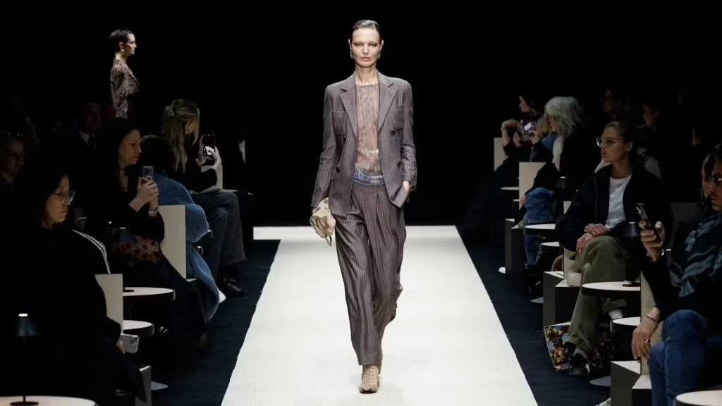 Giorgio Armani: A model walking the runway in one of the Italian designer's creations.
