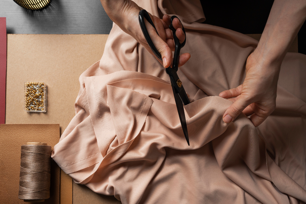 Haute couture: close-up on a professional cutting fabric.