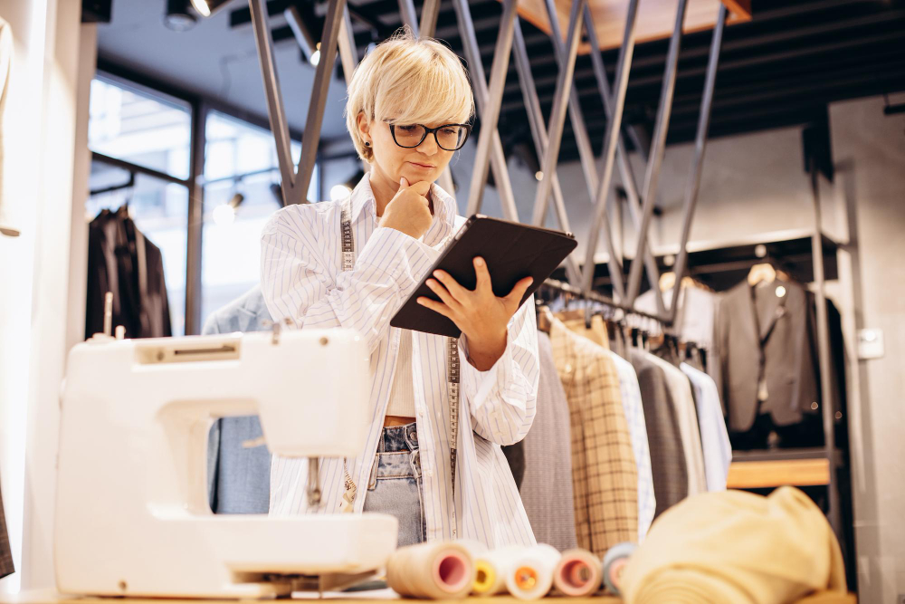 Production order: a seamstress getting information from a tablet.