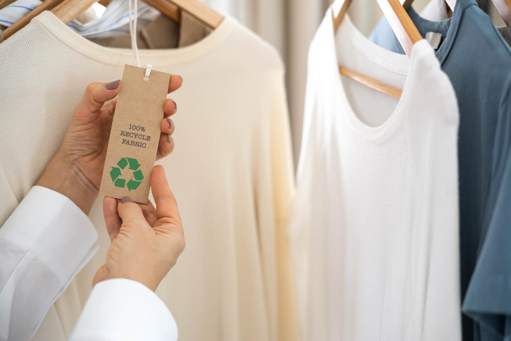 Size scale: a customer assessing a piece of sustainable clothing.