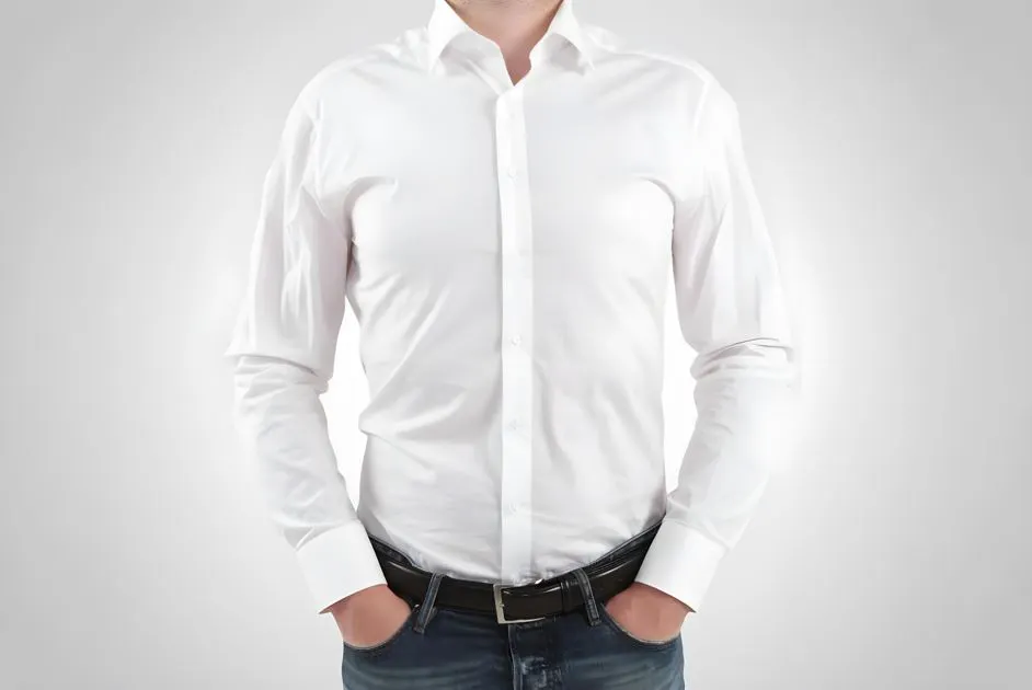 Types of shirts: Focus on the upper body of a man wearing a white shirt.