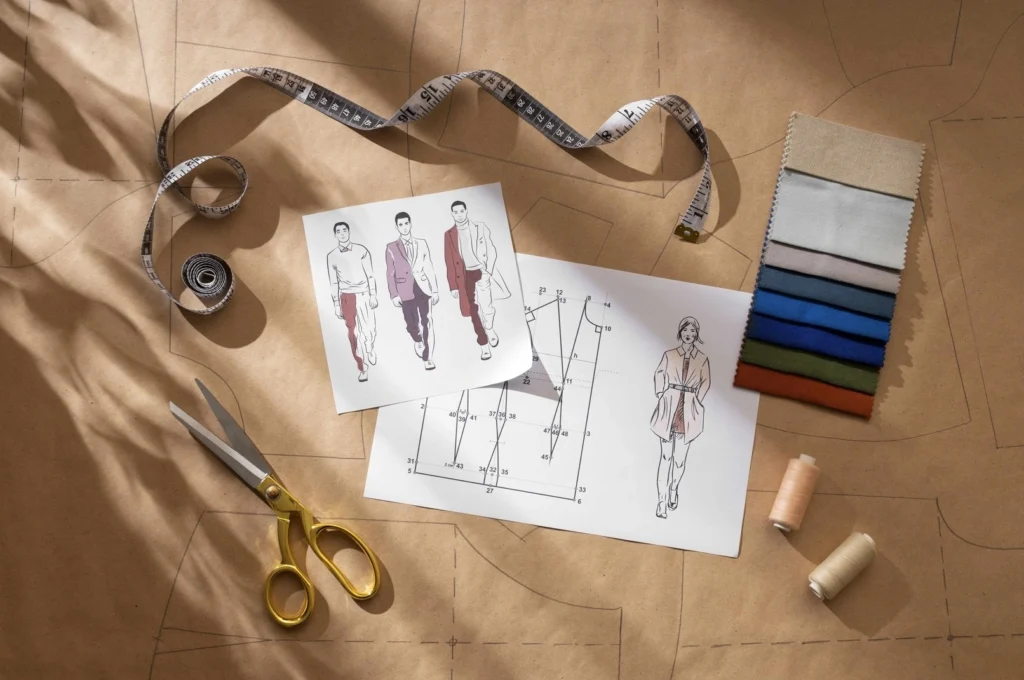 Disegni e strumenti del fashion designer per una nuova creazione di moda