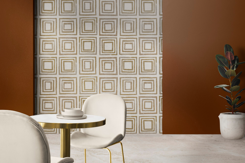 Surface design: a modern room with a patterned wallpaper.
