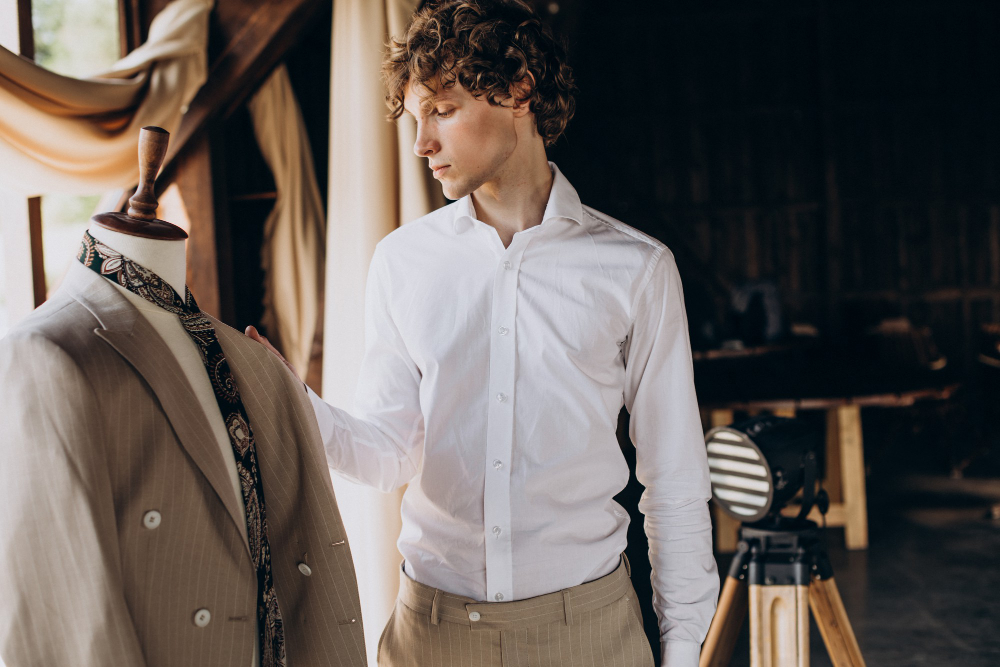 Types of shirts: A man in a dress shirt evaluating a blazer on a mannequin.