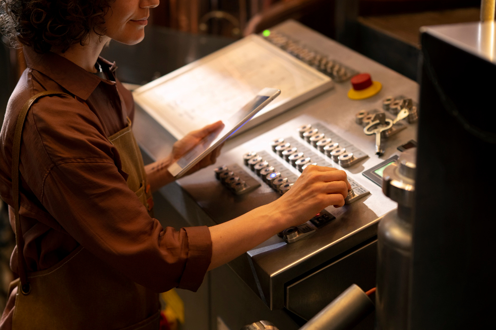 Continuous production: a woman operating an industrial machine.