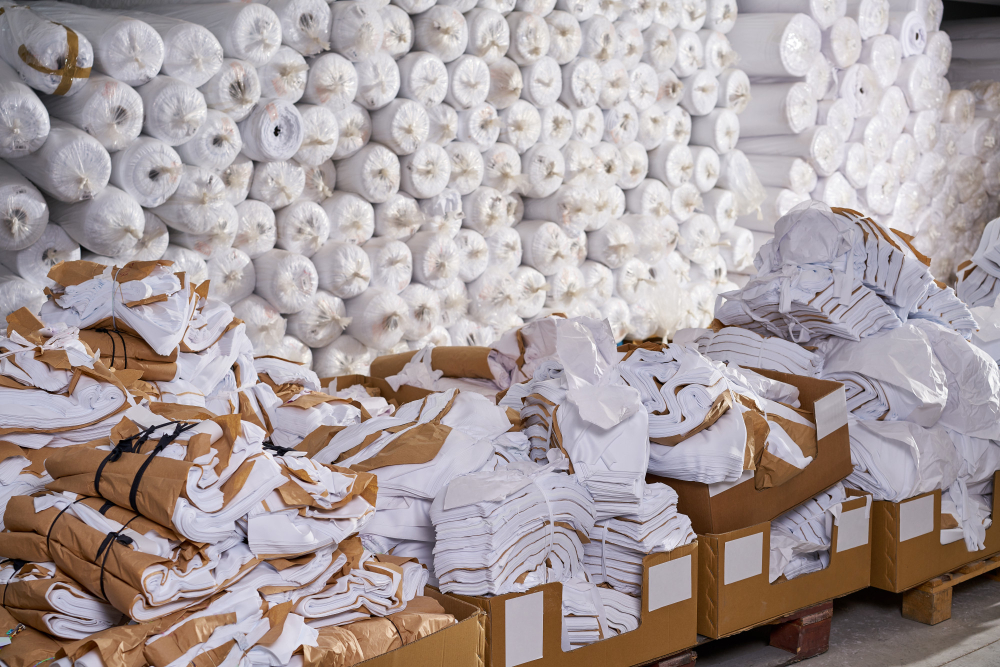 Cutting plotter: fabric rolls and cuts in a textile manufacturing facility.