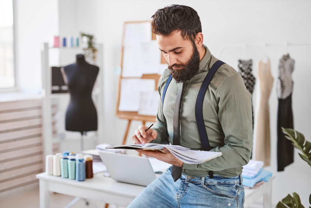 Fashion management: a fashion professional working in an office.