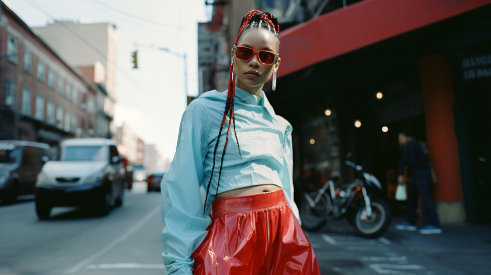 Fashion trends: a woman wearing stylish clothes and sunglasses.