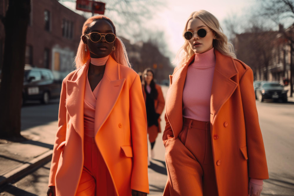 Fashion trends: two women wearing fashionable clothes in shades of orange.