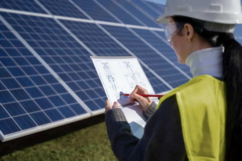 Industria colombiana: Una mujer haciendo apuntes en frente de paneles solares.