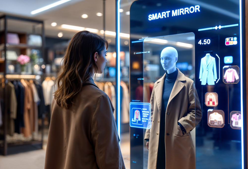 Industry 5.0: A woman trying on clothes in a virtual fitting room.