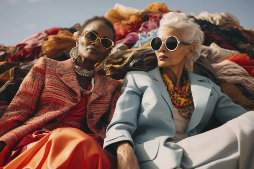 Due donne con occhiali da sole che siedono in mezzo ai vestiti