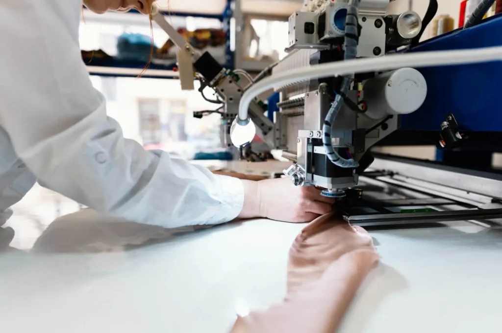 Sistemas de automatización: mano de una mujer con una pieza de prenda y máquina de coser