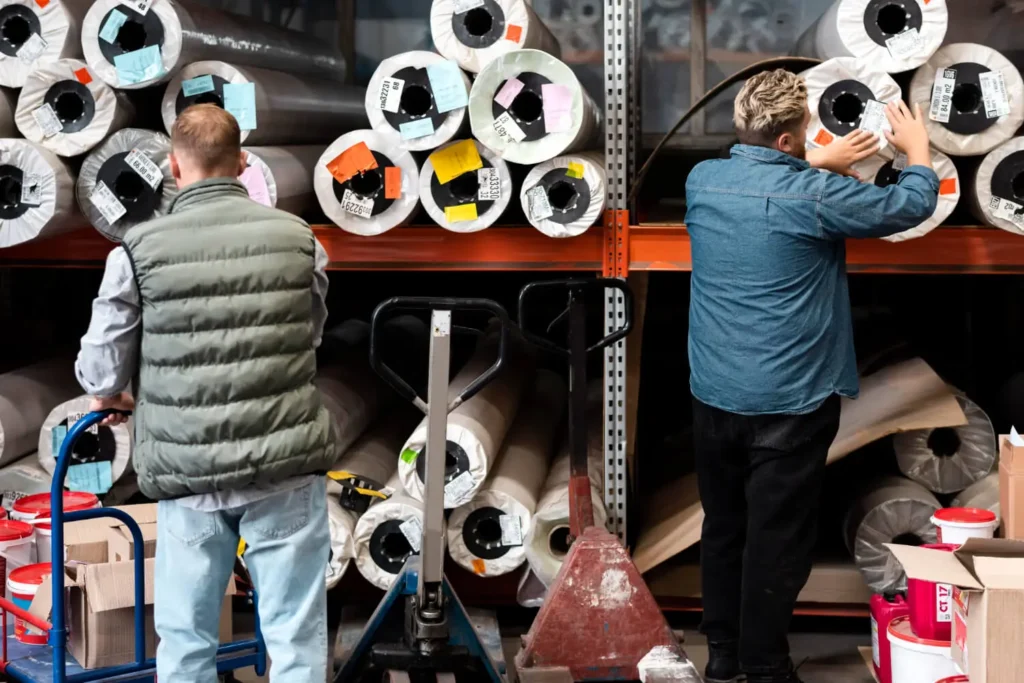 Tipos de automatización: dos hombres organizando el inventario de una industria