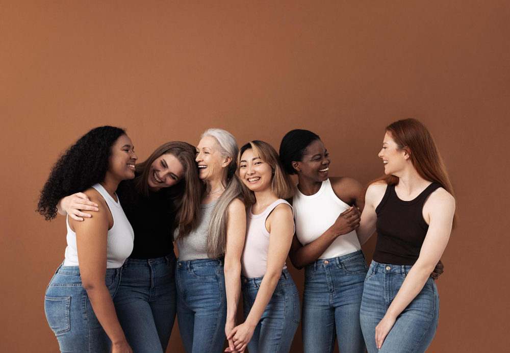 Types of body shapes: a group of women with different body types gathered together.