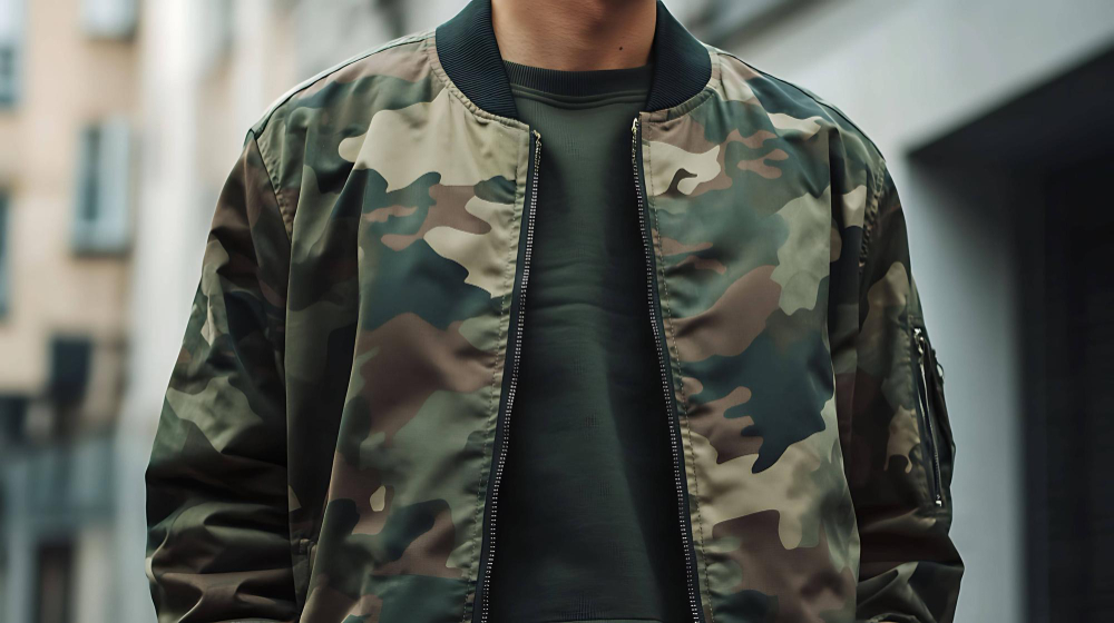 Camouflage print: a man standing with a patterned jacket.