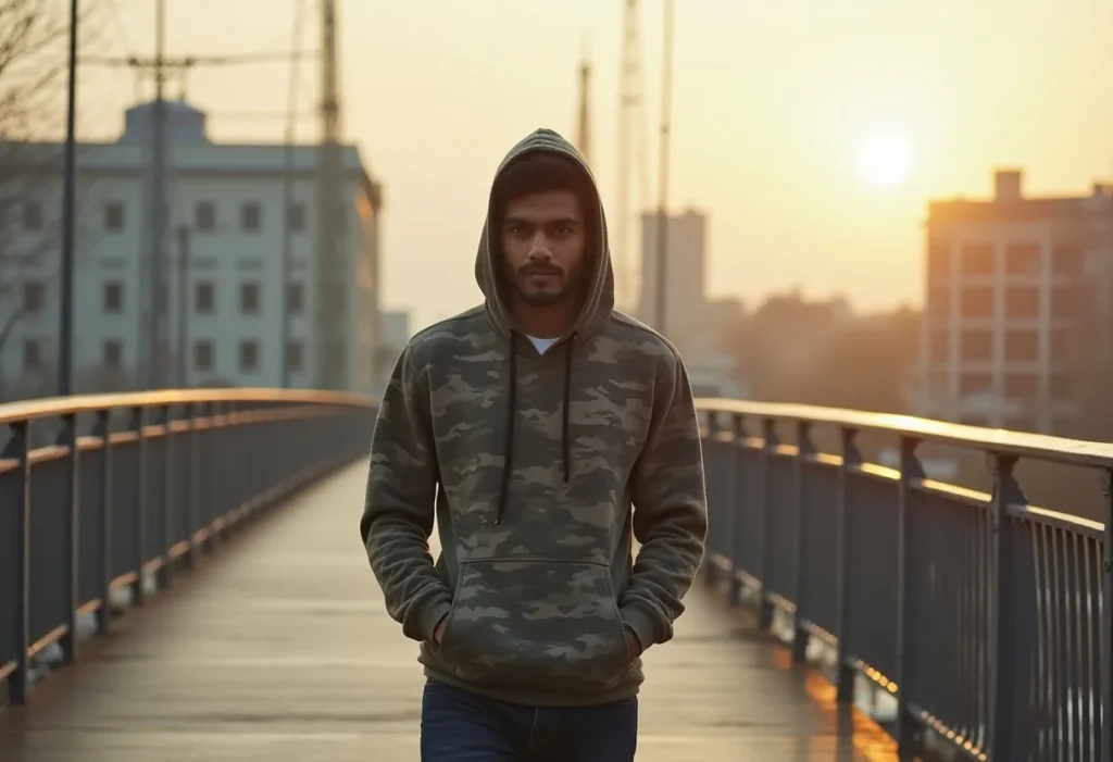A man wearing a camouflage print hoodie.