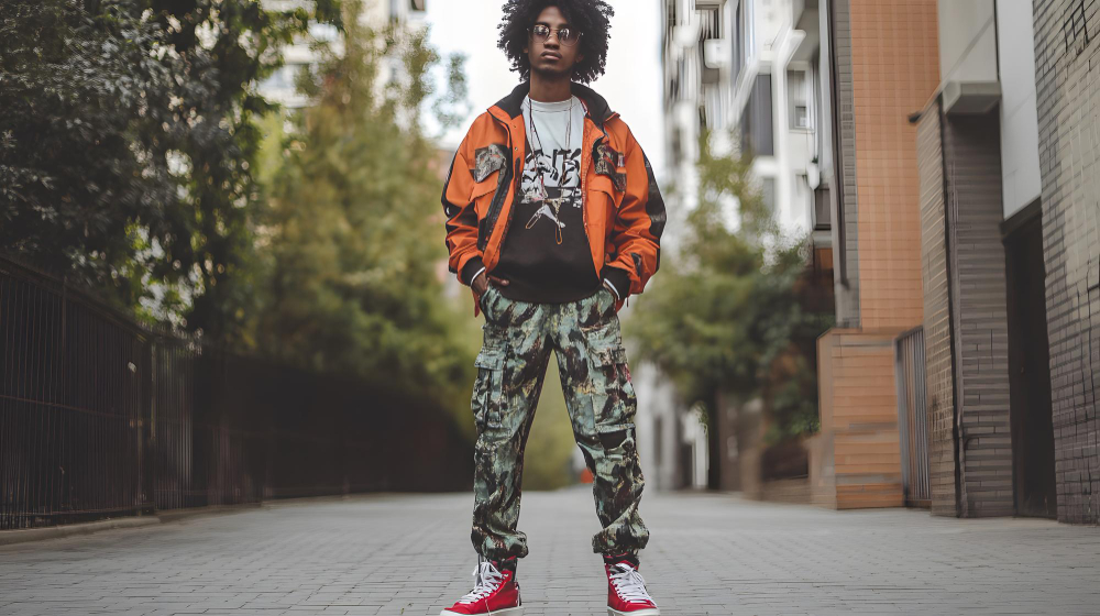 A man wearing camouflage print T-jogger pants.