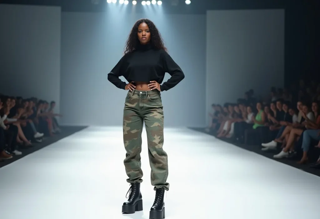 A model wearing camouflage print pants in a runway.