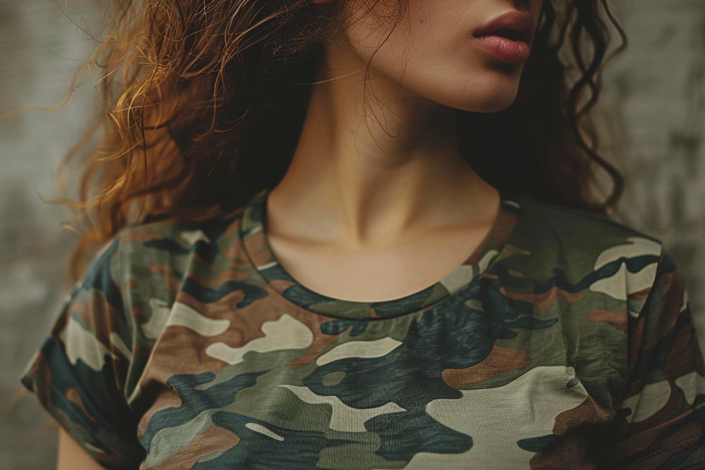 A woman wearing a camouflage print T-shirt.