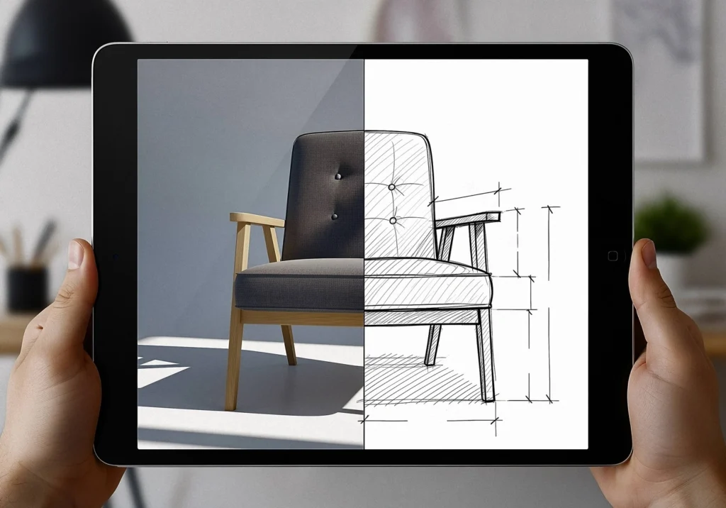 Metà disegno di una sedia su tablet, metà foto reale di sedia