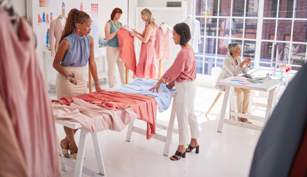 Clothing manufacturing: fashion industry professionals collaborating in a workspace.