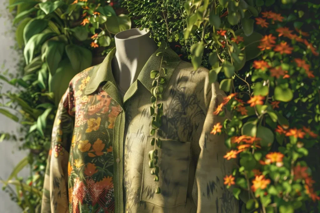 Manequim com uma camisa verde estampada e folhas atrás. Conheça as empresas sustentáveis mais conhecidas do Brasil.