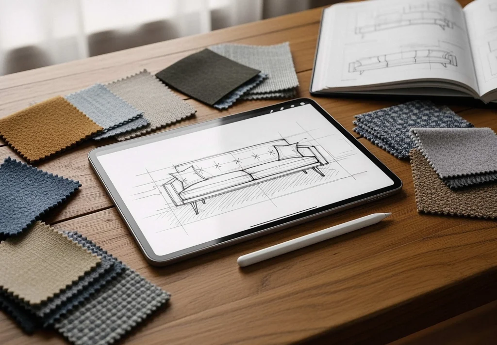 DIsegno su tablet di un mobile di arredo con tessuti