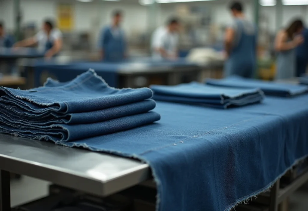 Machines that cut fabric: pieces of denim on a table.