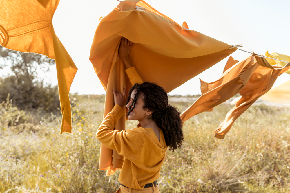 Market niche: A model surrounded by sustainable clothing.