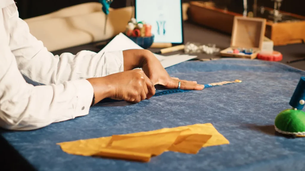 Producción de moda: persona midiendo una tela en una mesa 