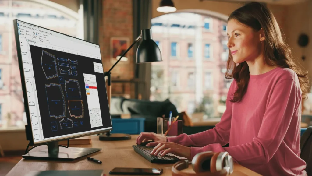 Sewing and patterns: a fashion professional working with digital tools.