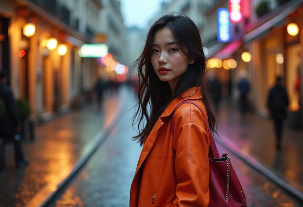 Brand competition: an Asian female fashion model posing and looking at the camera.