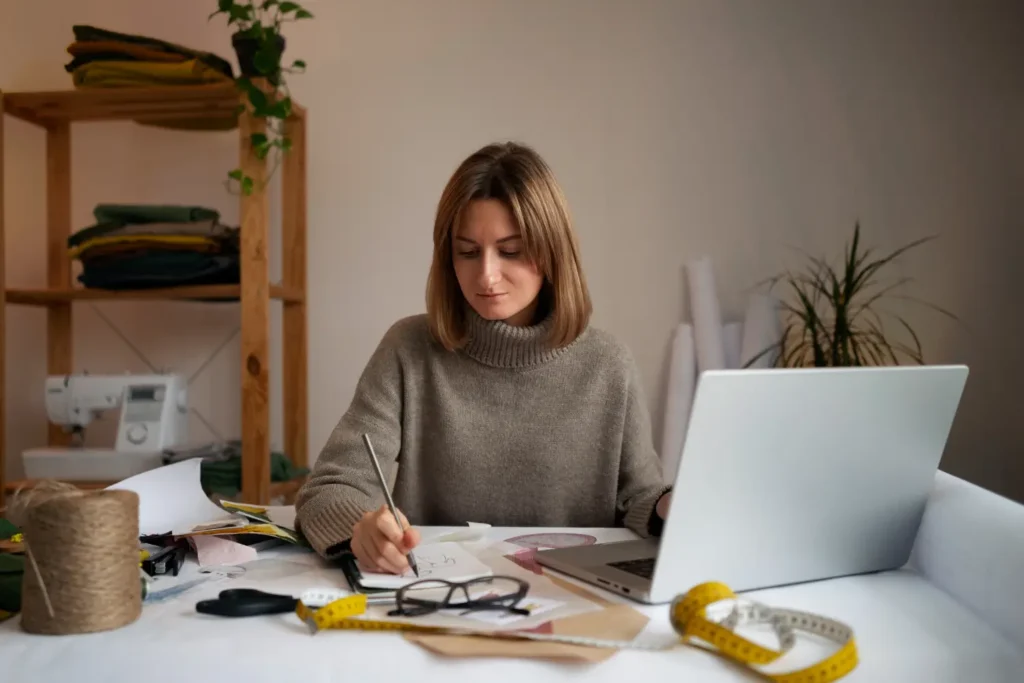 Estilista desenhando roupas no computador
