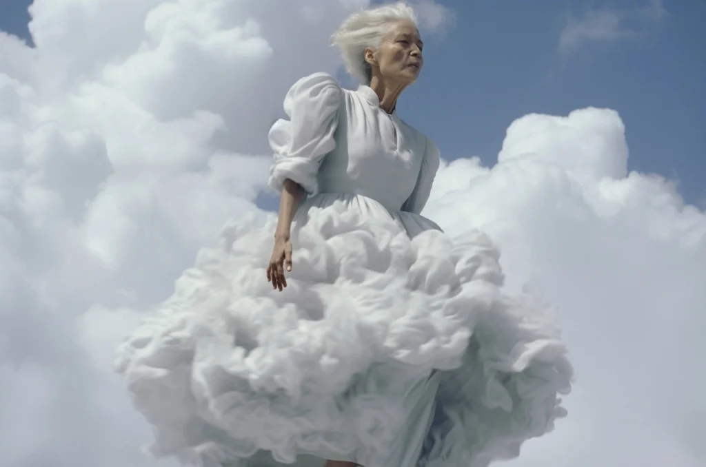 Donna vestita con gonna vaporosa che assomiglia a una nuvola color cloud dancer con sfondo di nuvole