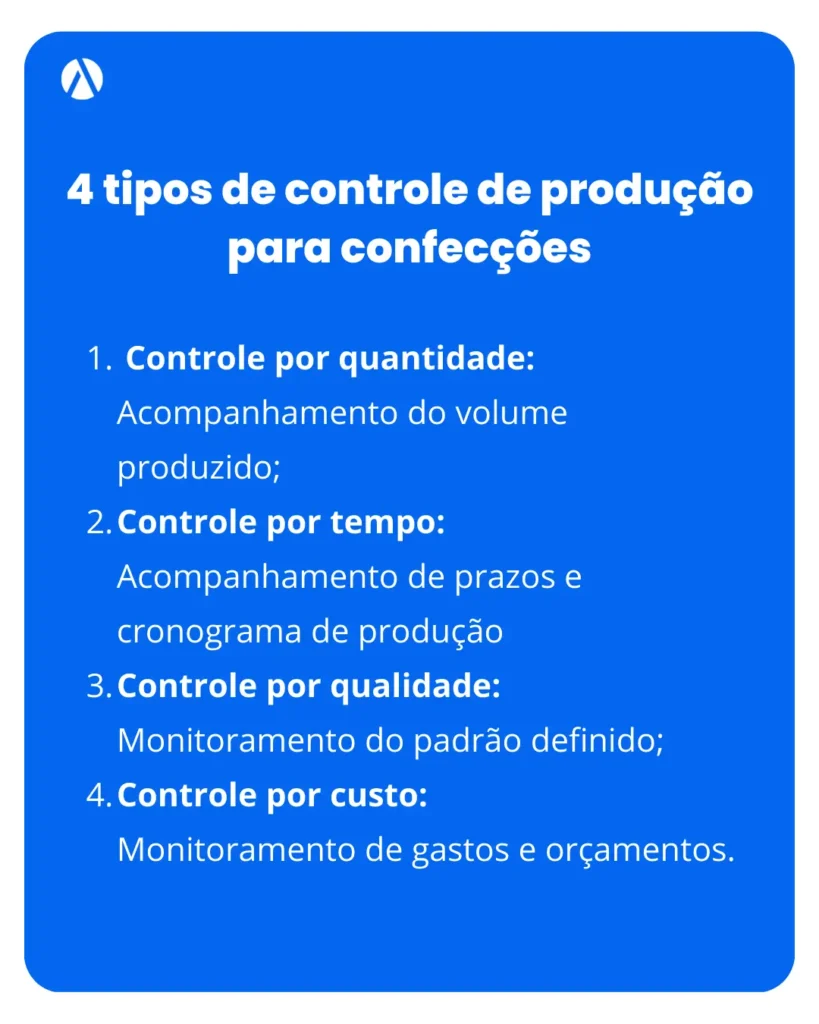 Lista com os 4 tipos de controle de produção para confecções
