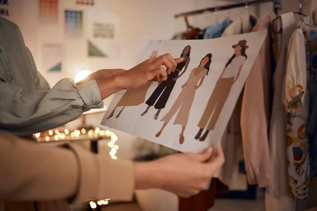 Estilista contemplando seus desenhos