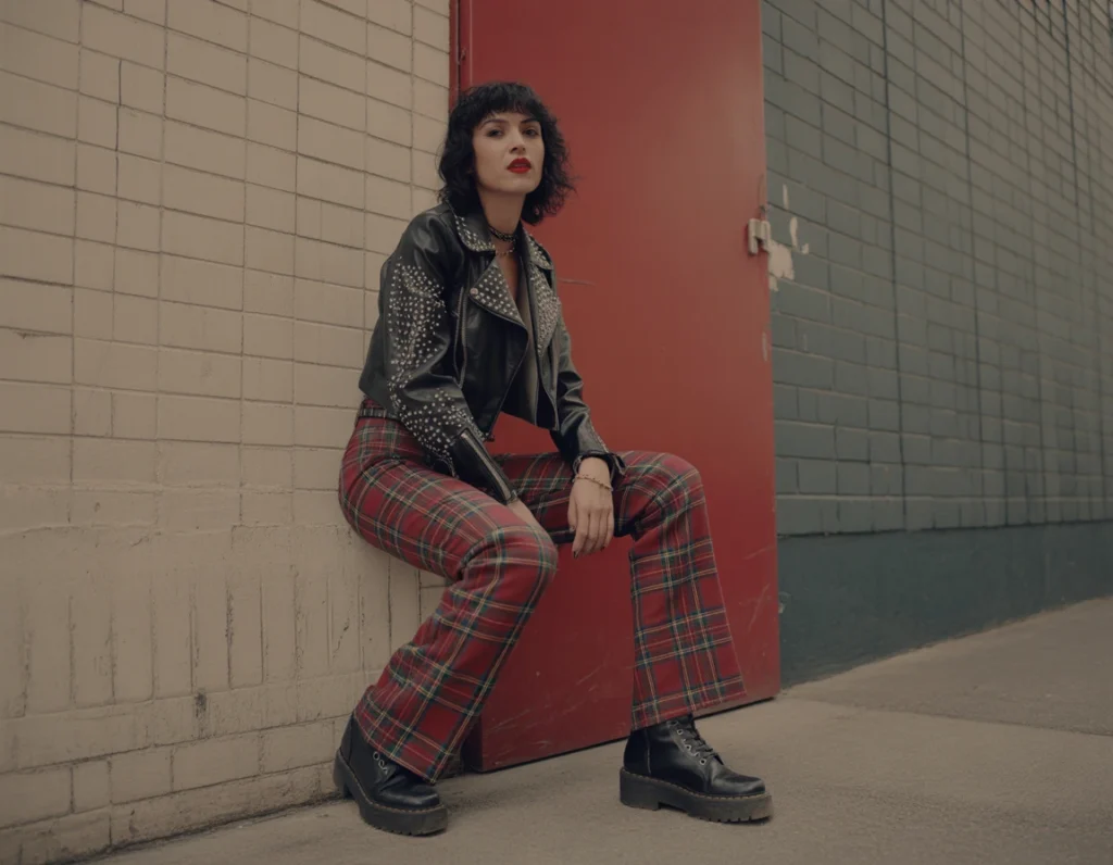 Fashion punk style: a young woman wearing plaid pants and a leather jacket.