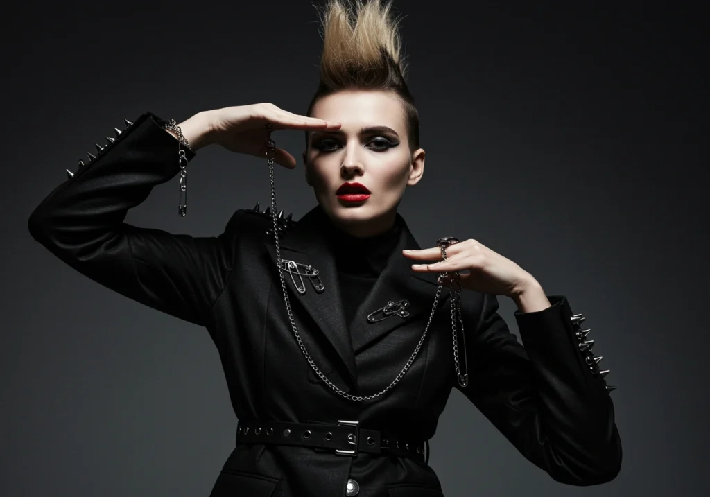 Fashion punk style: a model posing in black clothing with a mohawk hairstyle.