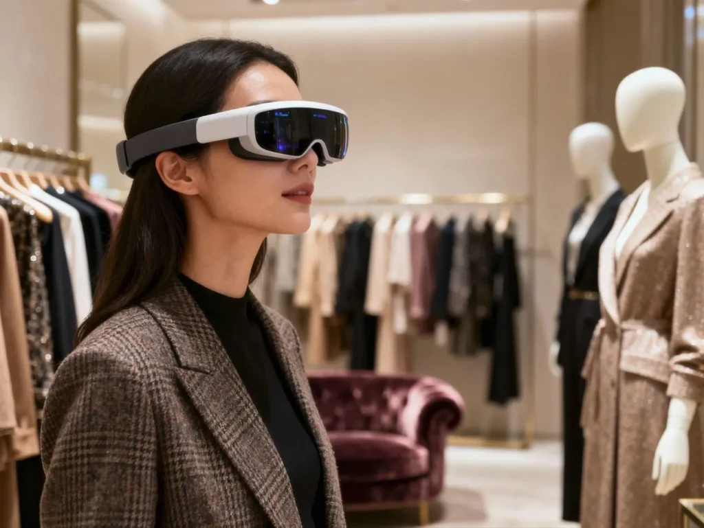 Industry 4.0 technologies: a woman in a clothing store using AR glasses.